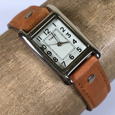 Timex Women T2N905 Dress Brown Leather Rectangular Quartz 