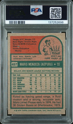 1975 TOPPS #457 MARIO MENDOZA PSA 8 - Picture 2 of 2