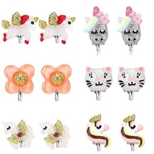 Unicorn Clip On Earrings for Little Girls, Bling Flower and Cat Earrings, Toddle