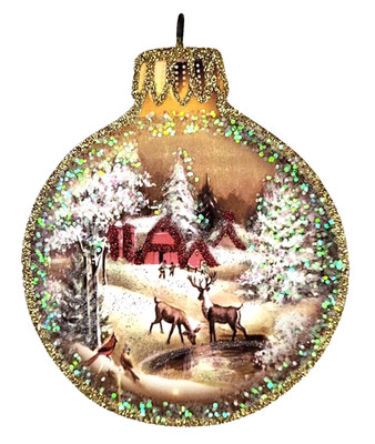 GOLD CHRISTMAS BALL w BARN & DEER  at the  STREAM * Glitter ORNAMENT  Vtg Img