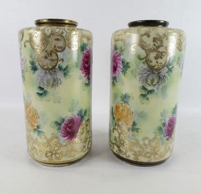 Victorian Vase Hand Painted Large Pink & White Flowers & Gilt Gold Designs 2 Set
