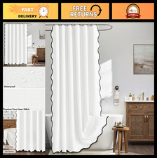 White Scalloped Shower Curtain, Linen Textured, Heavy Duty, Waterproof, 72x72" w
