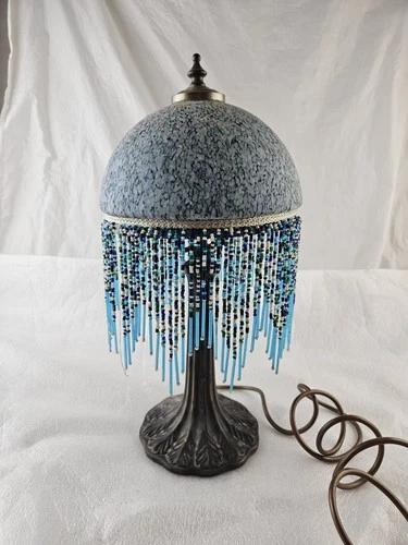 Art Deco Style Lamp Blue Mottled Glass Beaded Fringe Shade Vintage Tiffany