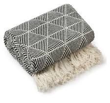 Image of 100% Cotton Throw Black Luxury Geometric Fringe Tassel Sofa Bed Chair Blanket