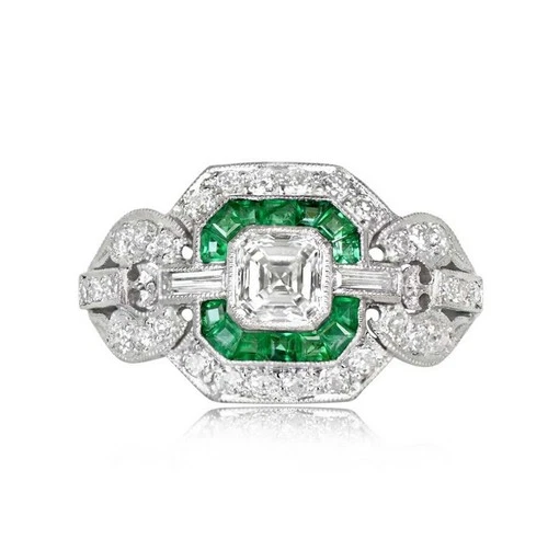 Art Deco Style 2Ct Lab-Created Diamond & Emerald Engagement 925 Silver Halo Ring