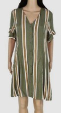 RDI Women's Green Striped Button-Down Short-Sleeve Shift Dress Size M