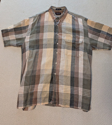 GANT Shirt Large Beige Mens Plaid 55% Linen 45 % Cotton Short Sleeve Key West