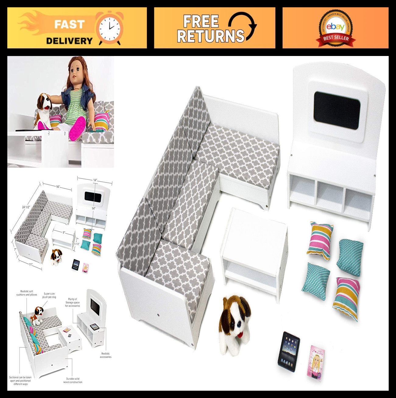 18" Doll Furniture Set - Wooden Couch & Living Room Playset with TV & Pet Access