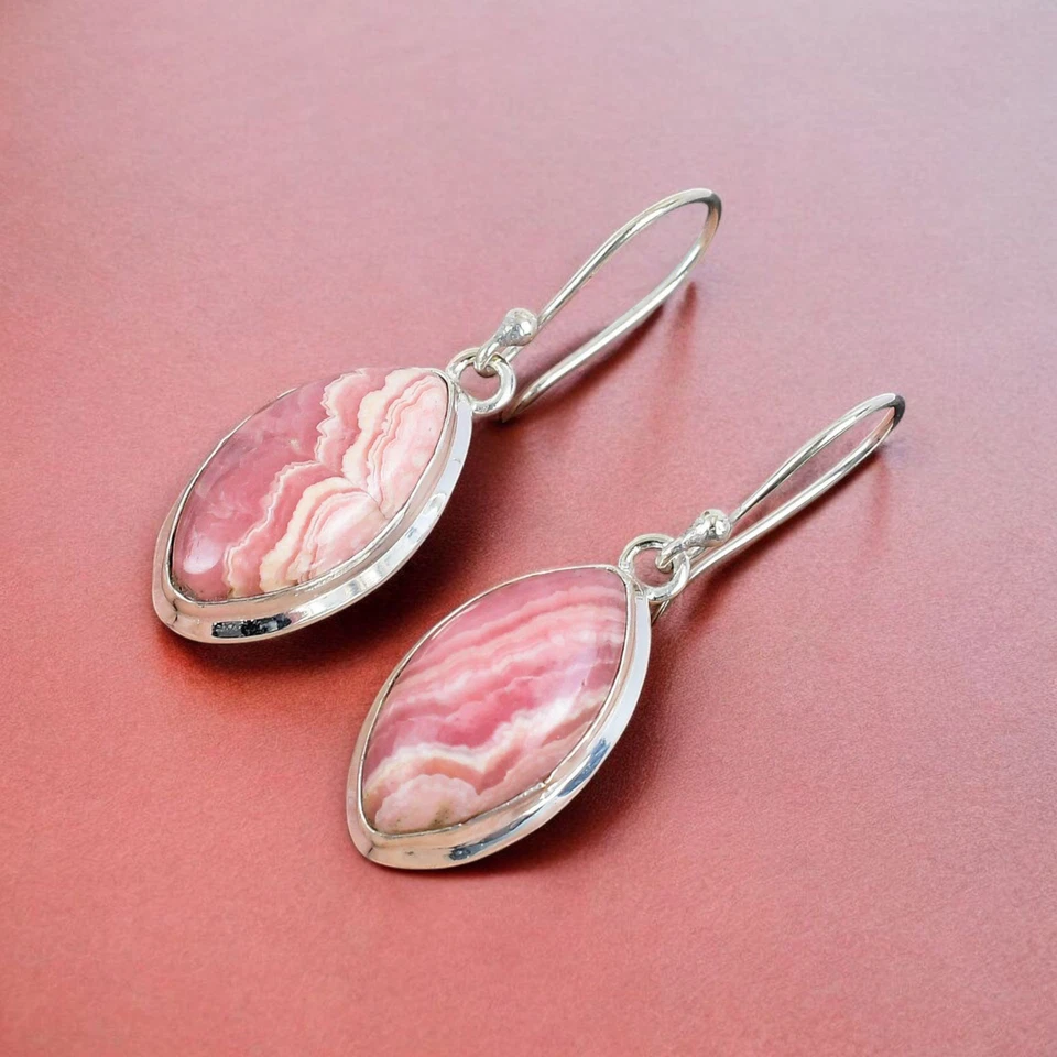Pendientes colgantes de rodocrosita de plata de ley 925 boho rosa piedras preciosas regalo Foto 2 de 4