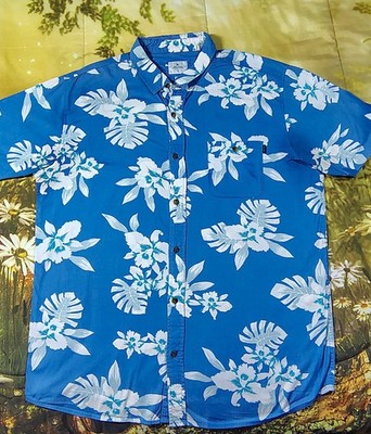 Rip Curl Floral Button-Up Shirt Blue White Pocket Short Sleeve Men's L