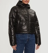 DKNY Sport Women's Black Hooded Crosswalk Print Cropped Puffer Jacket Size L.