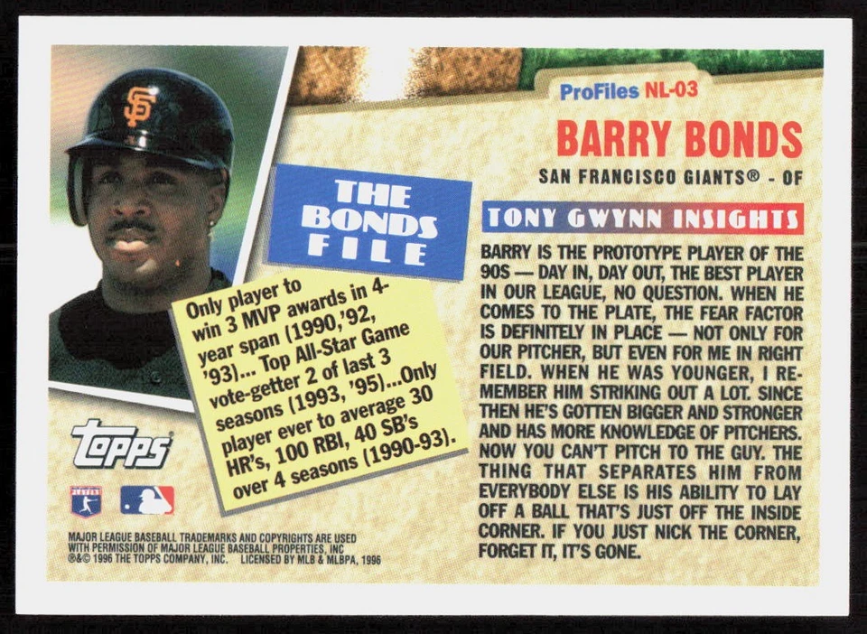 1996 Topps Barry Bonds Profiles by Tony Gwynn NL - Image 2 of 2