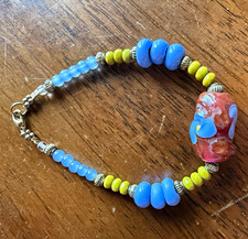 Blue Yellow Glass Beaded 8 Bracelet Round Beads with Lobster Clasp Unisex