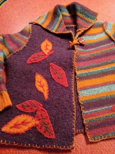 Little Girls Wool Sweater Jacket Fall Embroidered Leaves Stripes Boho - Picture 6 of 8