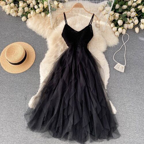 Irregular Net Gauze Fluffy Dress for Womens High Waist Temperament Summer V-neck - Picture 13 of 16