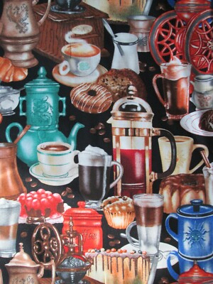 COFFEE POTS CARAFE ESPRESSO BEANS DONUTS DESSERT MORE COTTON FABRIC FQ 
