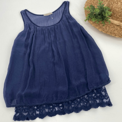 Prontomoda Gusy Silk Flowy Blouse Tank Lace Trim Navy Small