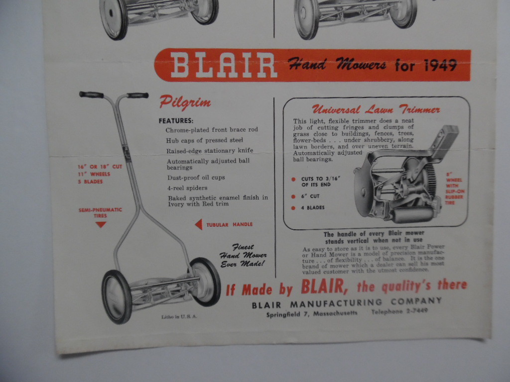 1949 Blair Lawnmower Lawn Mower Catalog Sheet Springfield MA Vintage