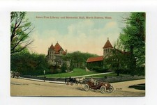 North Easton MA Mass antique postcard car, horse, street, gaslight, library hall