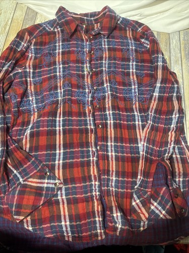 Free People Magical Plaid Embroidered Shirt Size M Red Blue Oversized Loose Fit - Picture 2 of 11