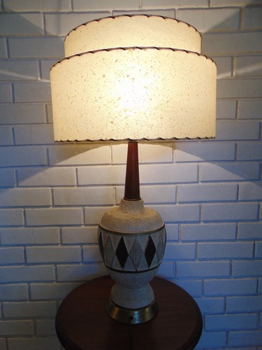 Mid Century Modern Table Lamp Wood Danish Atomic Teak Wood Vintage Cream Beige - Picture 13 of 17