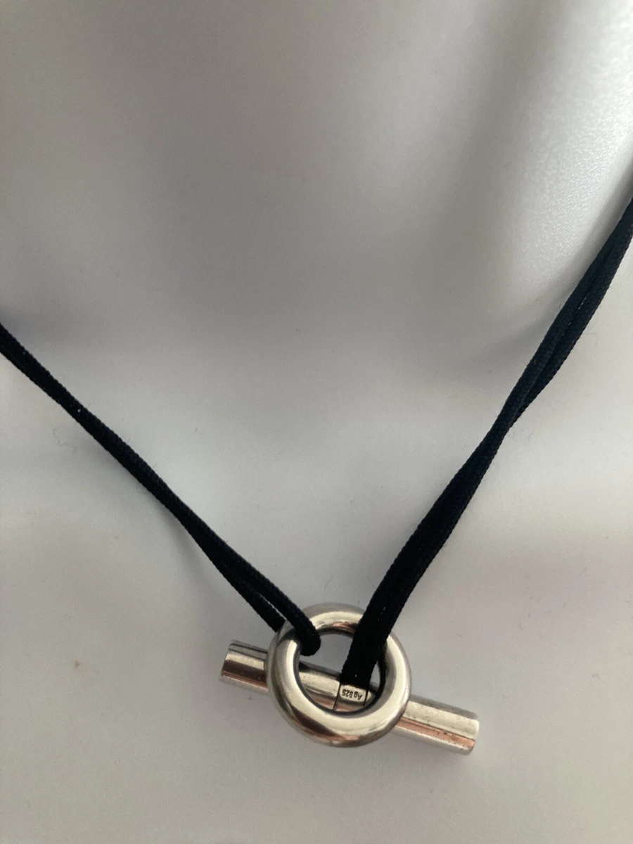 Authentic Hermes Black Rope Necklace Skipper Double Wrap - Circle Bar -  Silver