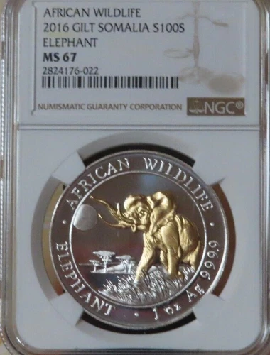 2016 Gilt Gilded Somalia Gold Plated 1oz .999 Silver Elephant  NGC Graded MS67