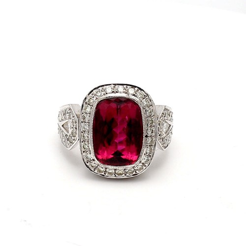 6.00 Carat Tourmaline 2.71 Carat Round & Kite Diamond 14K WG Gems Stone Ring