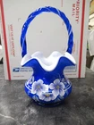 Bill Fenton Blue Overlay Art Glass 95th Year Artist Signed HP Floral Basket 8"