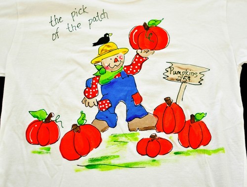 unisex Hand painted Kudzoo Kids FALL t shirts size large pumpkin patch scarecrow