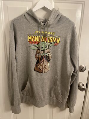 Star Wars Men’s The Mandalorian Grogu Baby Yoda Hoodie Medium Gray
