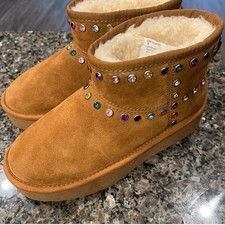 New Steve Madden COMFY Chestnut Suede Rhinestone Faux Fur Platform Bootie Sz 7