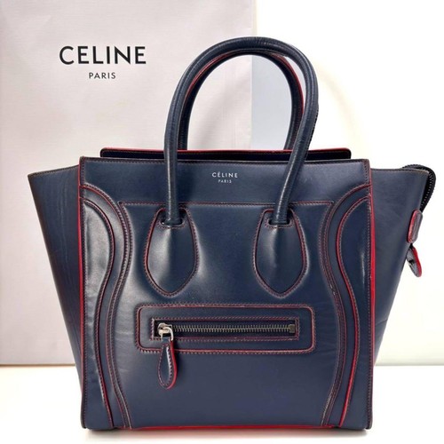 Celine Luggage Micro Shopper Tote Bicolor Leather Navy Red Handbag