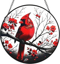 Red Cardinal Garden Stained Glass Suncatcher, Cardinal On Branch Window Hanging
