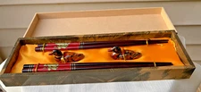 New Set of 2 Pair Wooden Chopsticks w/ 2 Duck Rests  in Decorated Wooden Box