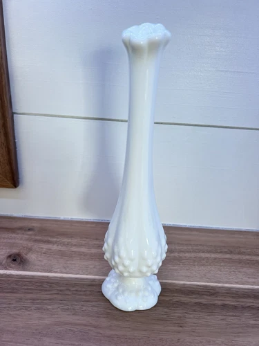 Vintage MCM Fenton Hobnail White Milk Glass Footed Swung Bud Vase 9.75” Tall