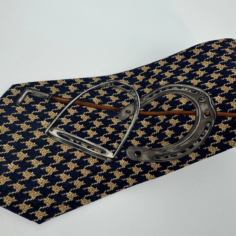 Vintage Polo Ralph Lauren Silk Horse Stirrup Horseshoe Tie Navy Gold Houndstooth - Image 3 of 4