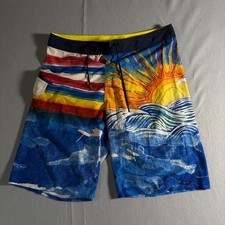 Oakley Mens Boardshorts Size 36 Blue Graphic Sun Wave Tailored Fit Swim Trunks
