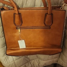 Brown Matte Tote Handbag Gold Hardware Double Handles Zip Closure Zipper Accent