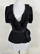 Bebe Shirt Womens XS Black Wrap Ruffle Peplum Babydoll Made USA Y2K Silk Trim