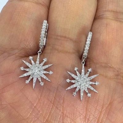 2Ct RoundLab-Created Diamond Star Starburst Dangle Earring 14K White Gold Plated