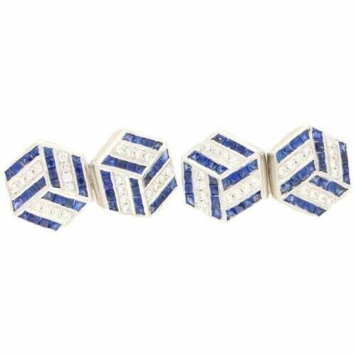 Princess Cut Blue & White Round CZ Optical Illusion Hexagonal Men's Cufflinks - Picture 1 of 5