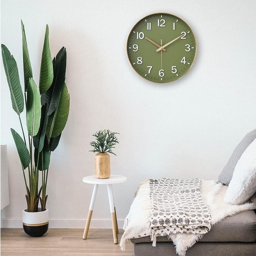 12" Silent Non-Ticking Modern Wall Clock, Olive Green & Gold, Battery Operated - Picture 4 of 9