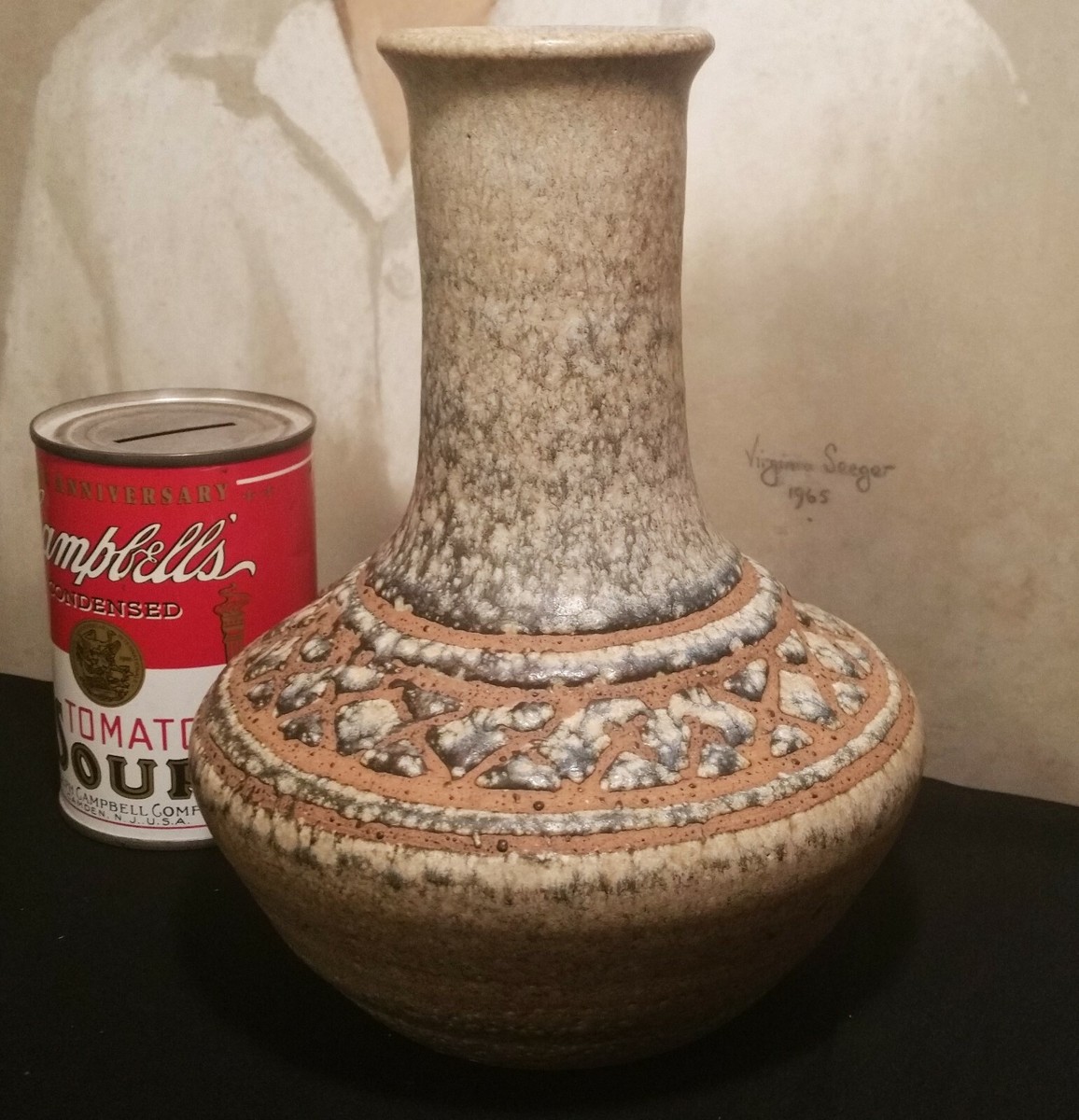 SIGNED arts & crafts studio art pottery vase vtg incised checkered