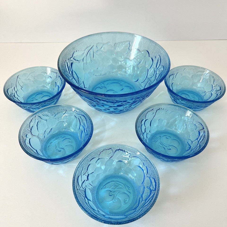 Vintage Blue Glass Bowls Dishes Serving Set Fruit Desserts Italian