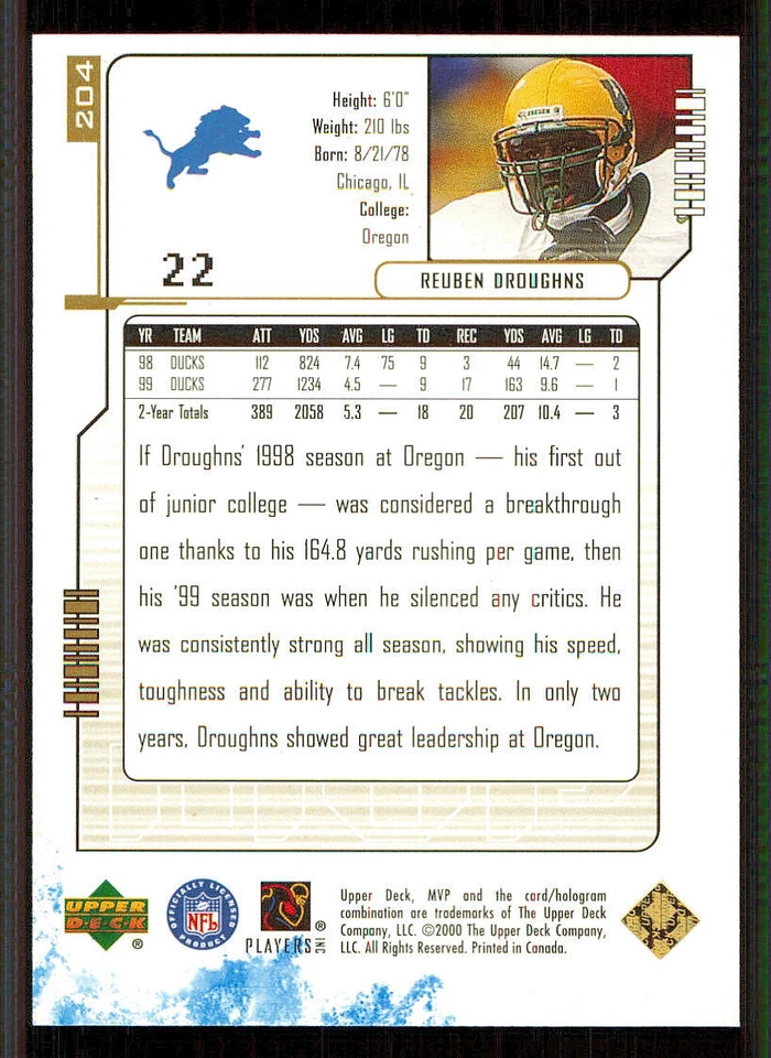 2000 Upper Deck MVP Gold Script #204 Reuben Droughns - Image 2 of 2