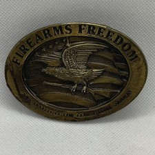 Vtg. NRA Firearms Freedom Belt Buckle Guns Eagle Flag Made In USA Patriotic