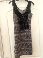 NEW!  BRAVE SOUL BLACK/WHITE TRIBAL PRINT STRETCH FRINGE DRESS!   SZ M   NWT!