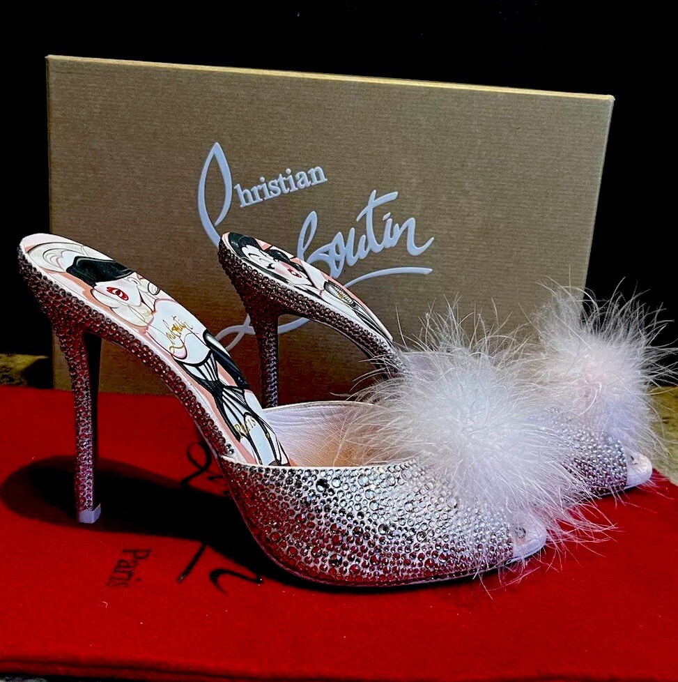 Louboutin PIN UP STRASS pink crystal heels 100 mules feather Louboutin PIN UP STRASS pink crystal heels 100 mules feather