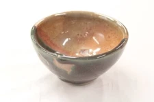 Drip Glaze Pottery Small Bowl Trinket Dish Studio Art Rustic Green Tan Signed NP